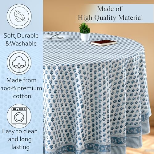 CPC Apatite Blue Block Print Cotton Tablecloth Round 60 Inch Home