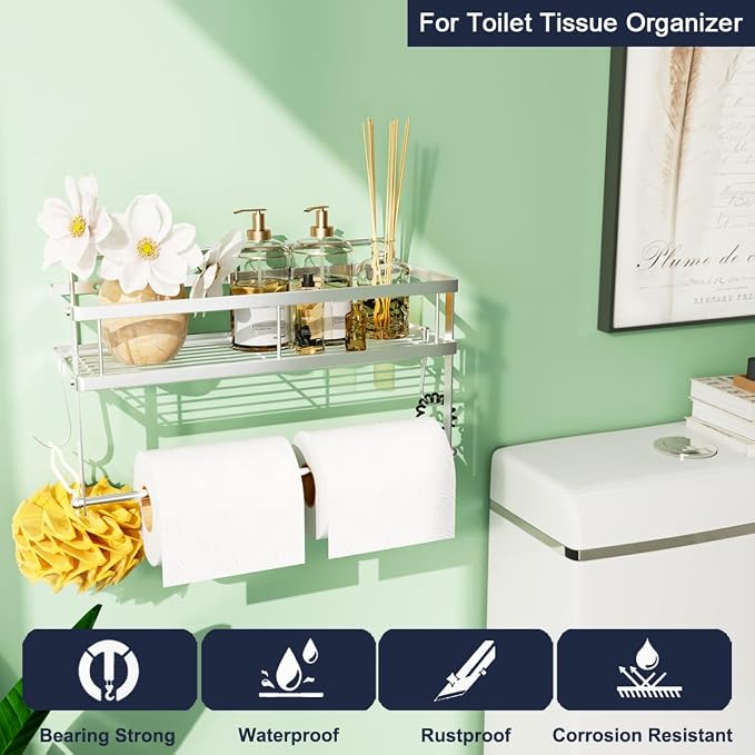 ESOW Paper Towel Holder with Shelf Storage, Adhesive Wall Mount 2-in-1 Basket - Image 3