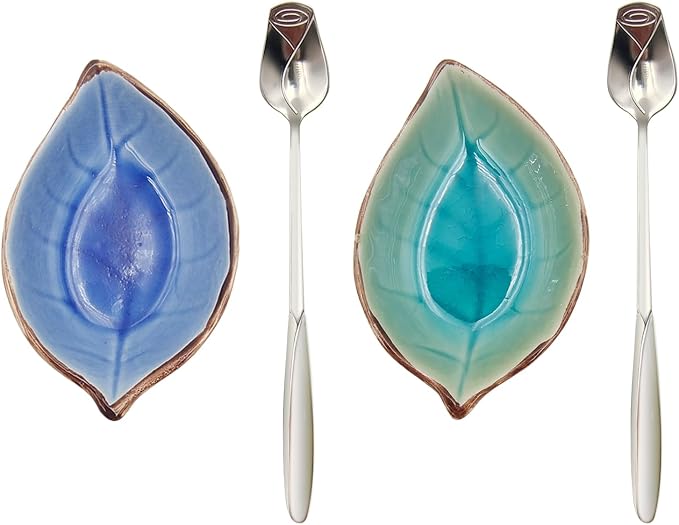 2 Pack Coffee Spoon and Leaf Rest Set, Ice Cracks Leaf Ladle Holder, Tea Spoon by LYMOI