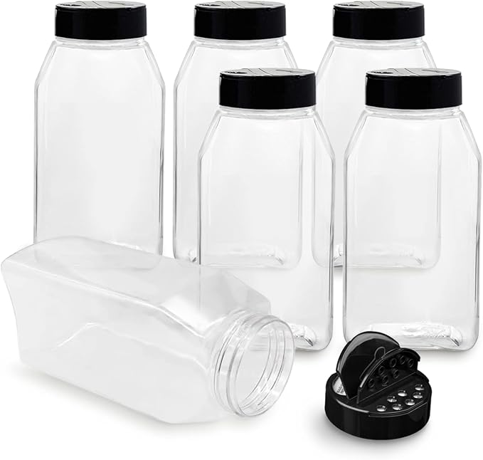 ROYALHOUSE 6 PACK 32 Oz with Black Cap, Plastic Spice Jars Bottles Containers by RoyalHouse