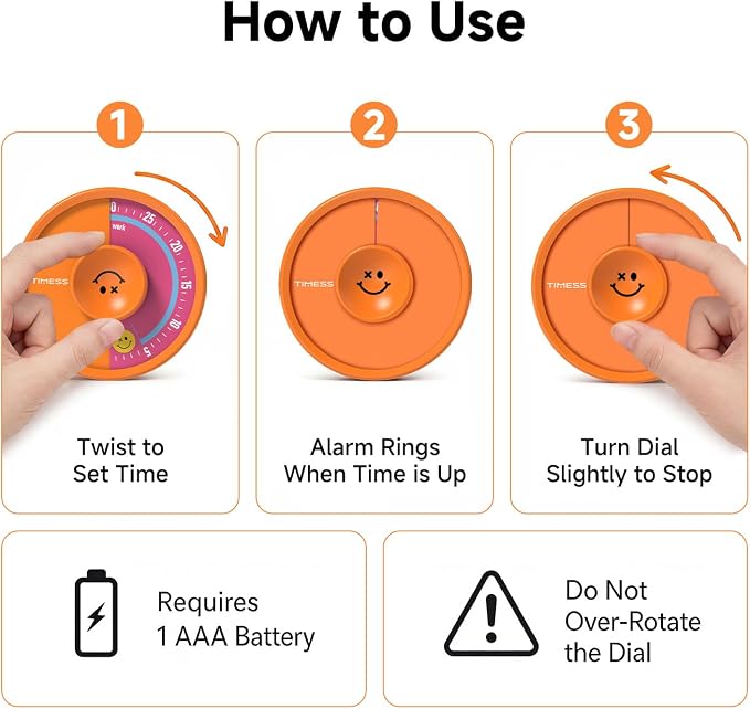 60-Minute Visual Timer, Twist to Set, Loud Battery-Powered Alarm, Bright Rotary - Image 5