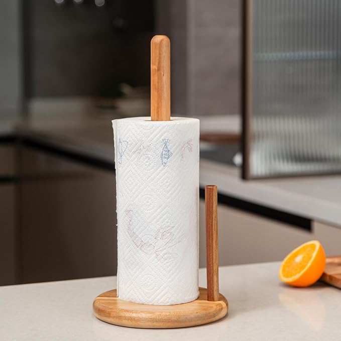 14" Acacia Wooden Paper Towel Holder, 6.7" Large Heavy Base Wooden Kitchen - Image 4