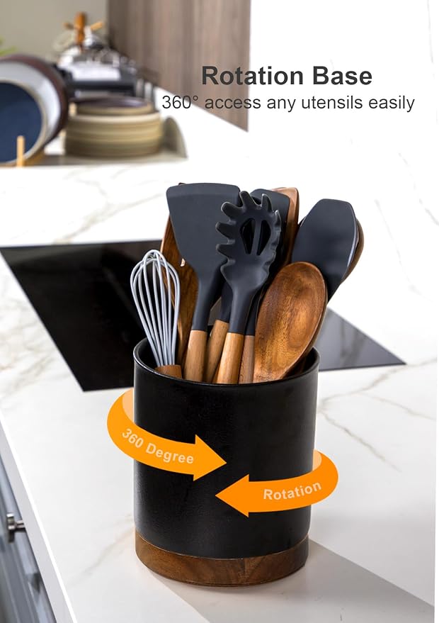 Nucookery 360°Rotating Utensil Holder, 7.2" Large Utensil Crock, Farmhouse - Image 5