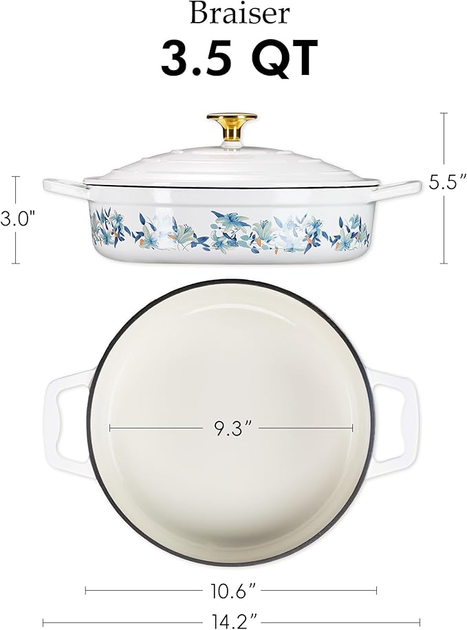 CAROTE 3.5QT Shallow Dutch Oven Enameled Cast Iron Braiser - Image 2