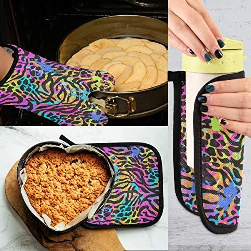 QMXO Colorful Leopard Skin Oven Mitts Quilted Cotton Lining Potholders