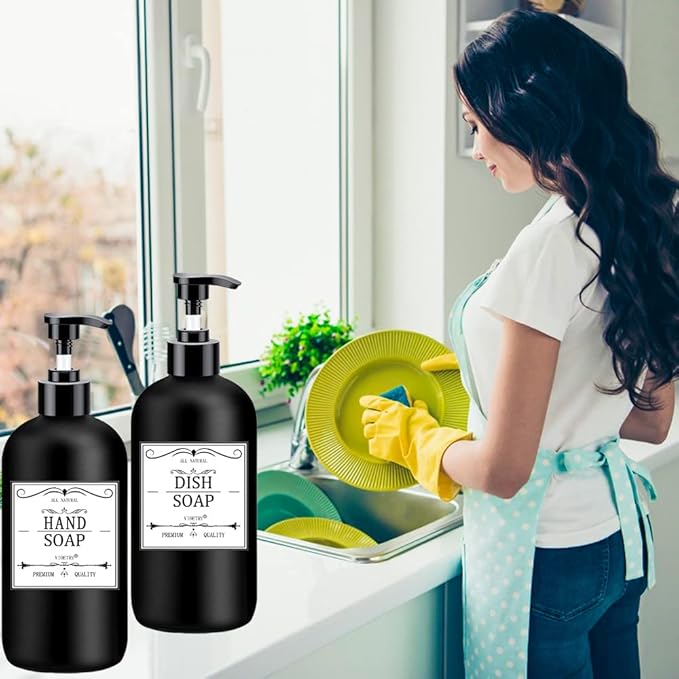 Black Soap Dispenser with Rust Proof Pump, Waterproof Labels, Plastic Hand Soap - Image 3