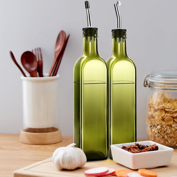 Leaflai 2 Pcs Green Glass Olive Oil Dispenser and Vinegar Dispenser Set - Image 7