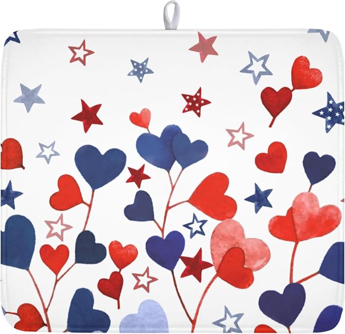 4th of July Dish Drying Mat for Kitchen Counter Patriotic Red Blue Star Love by Unknown