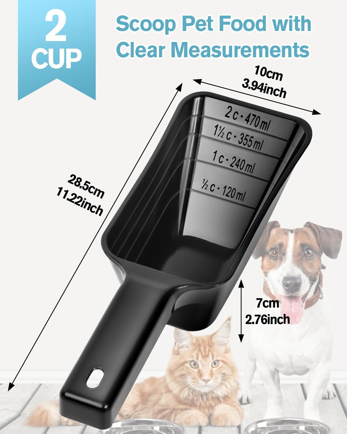 2 Cup Dog Food Scoop(2 Pack), Plastic Pet Food Scoop with Measuring
