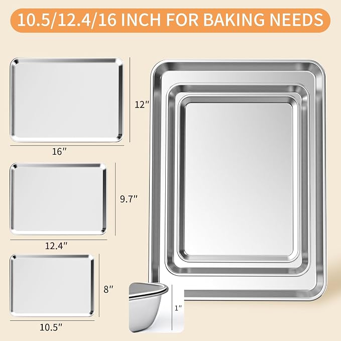 Baking Sheet Set of 3, Stainless Steel Cookie Sheets Baking Sheet Pan, - Image 2