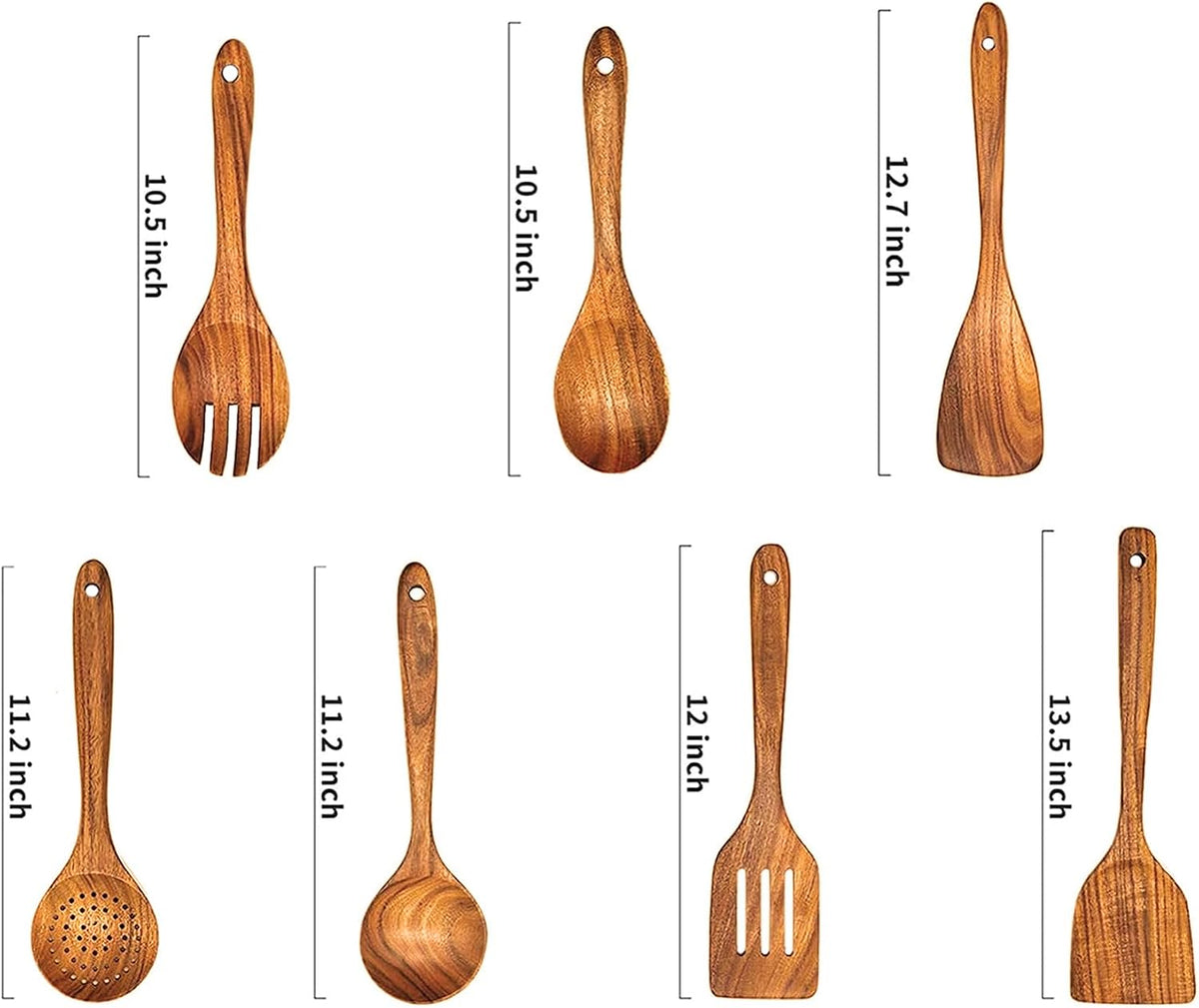 7 Pcs Wooden Cooking Utensils Set - Wooden Spoons, Spatulas & More