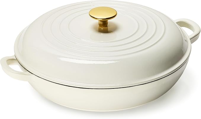 CAROTE 3.4QT Enameled Cast Iron Braiser Pan, Shallow Dutch Oven Casserole by CAROTE