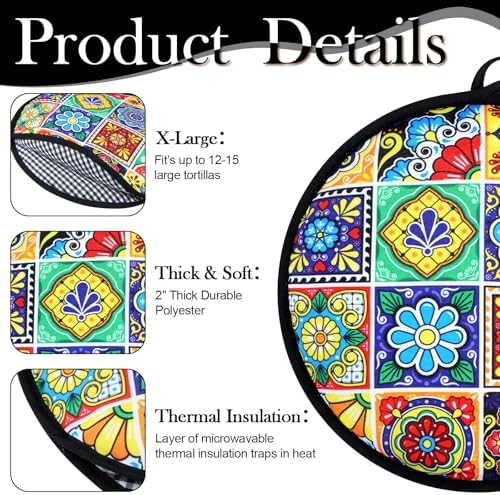 Honeydak 2 Pcs 12 Inch Tortilla Warmer Pouch,Mexican Tiles