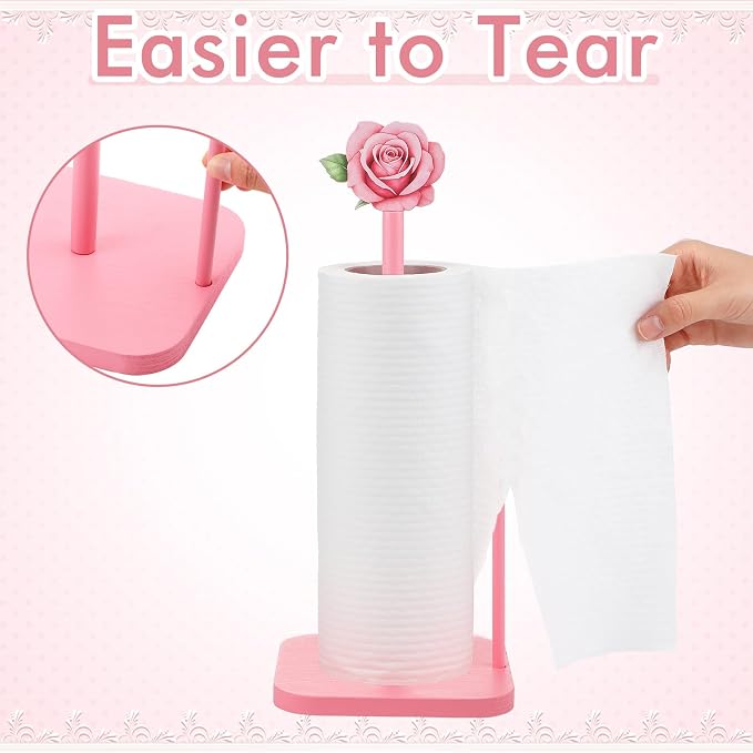 Leinuosen Pink Rose Paper Towel Holder Coquettish Cute Rose Wooden Paper Towel - Image 4