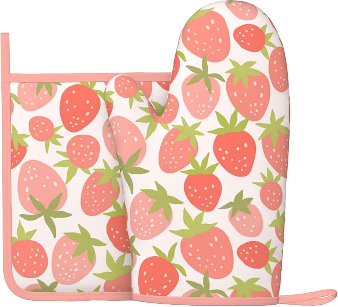 Strawberry Silicone Oven Mitts Pan Mats Set of 2, Heat Resistant Gloves by Cayiibe