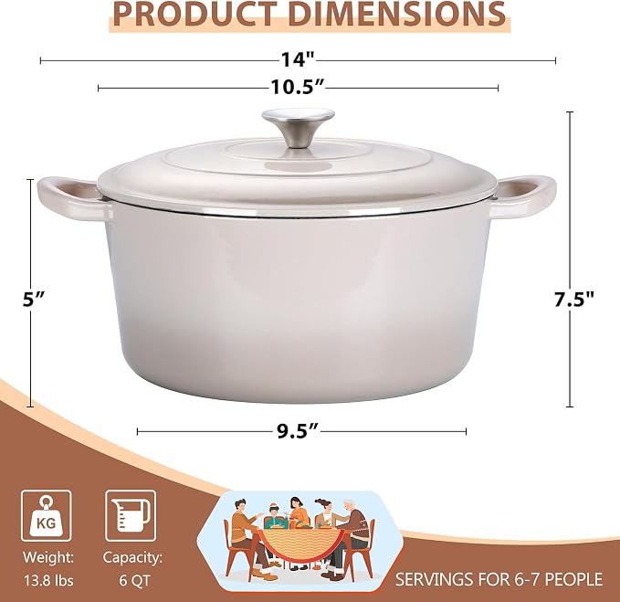 E-far 6 Quart Enameled Cast Iron Dutch Oven, Round Dutch Oven Pot - Image 2