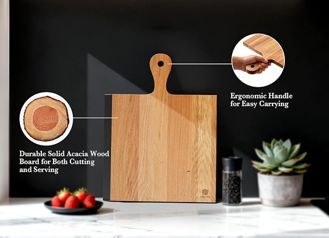 Acacia Wood Cutting Board with Handle, 2-in-1 Reversible Charcuterie Board & - Image 5