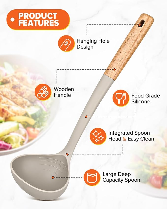 Pasta Fork and Ladle Set, and Sauce Pasta, BPA-Free Matte Silicone, Wood Handle - Image 4
