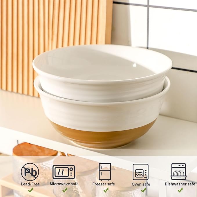 HASENSE Large Ceramic Serving Bowls Set of 2, 60 Oz 8.5 Inch White & Terracotta - Image 5