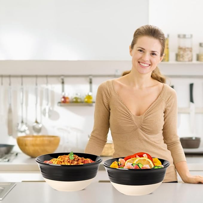 HASENSE Large Ceramic Serving Bowls Set of 2, 84 Oz 9 Inch Black & Beige - Image 2