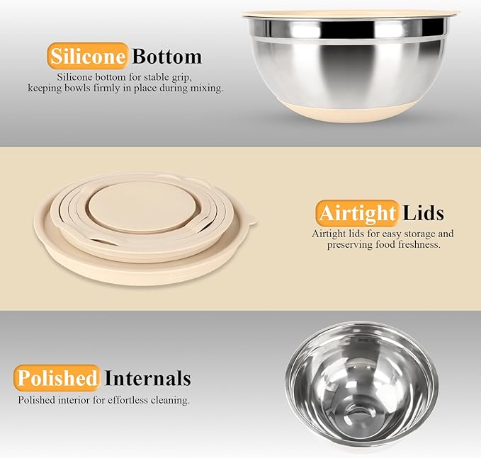 Mixing Bowls with Airtight Lids Set, 6 Stainless Steel Bowls, 3 Grater - Image 5