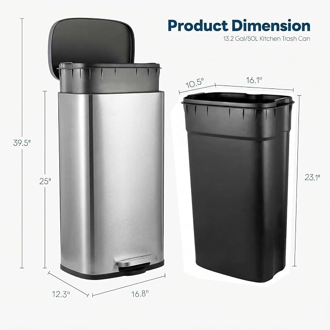 13.2 Gal Kitchen Trash Can, 50L Recycling or Garbage Bin, Brushed Stainless - Image 2