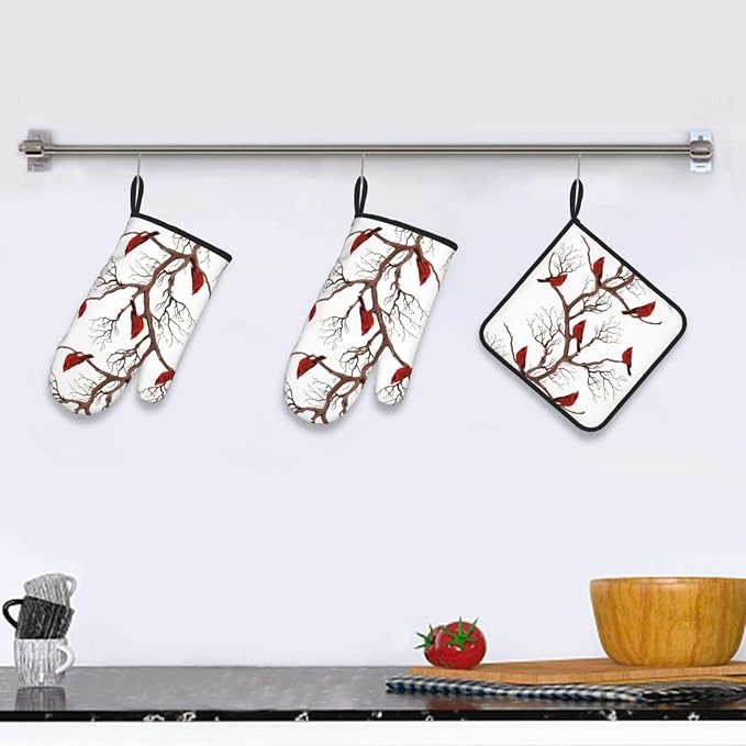 Winter Cardinal Birds Oven Mitts and Pot Holders Sets of 3 Kitchen Hot Pads - Image 6