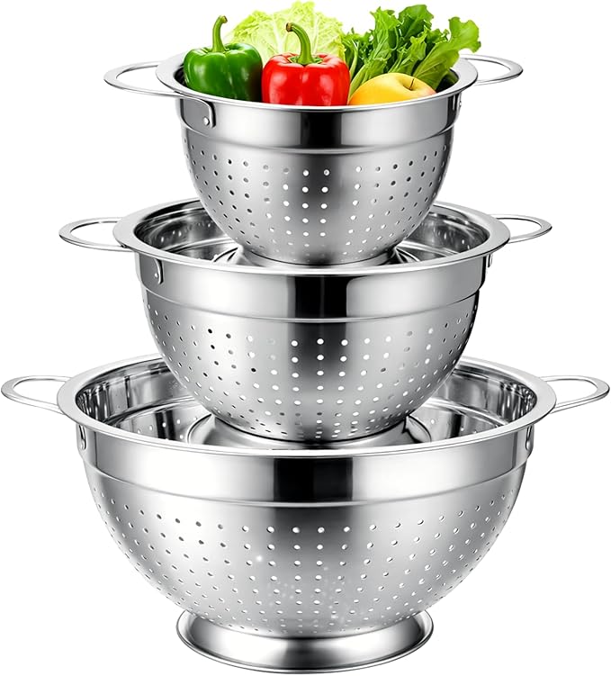 Palksky Stainless Steel Colander Set of 3, Nesting Metal Strainers by Palksky