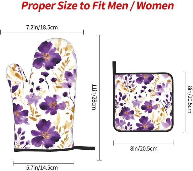 Spring Purple and Gold Floral Oven Mitts and Pot Holders Sets of 3, Non-Slip - Image 8