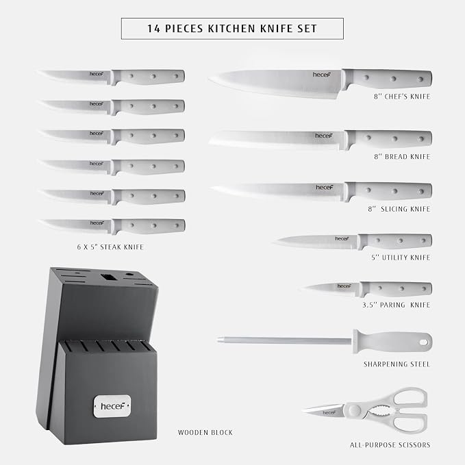 hecef Kitchen Knife Block Set, 14 Pieces Knife Set - Image 2
