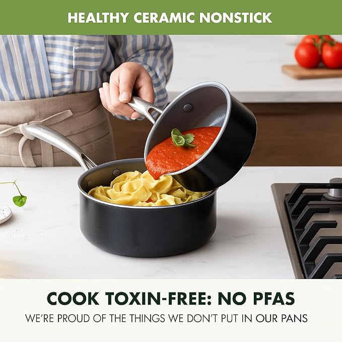 GreenPan Swift Healthy Ceramic Nonstick, 1QT and 2QT Saucepan Set, Stainless - Image 2