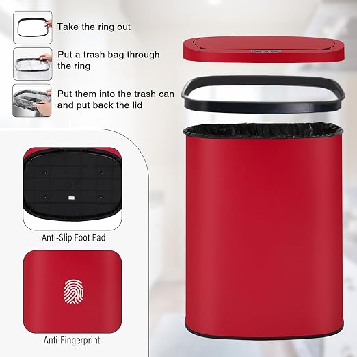 PayLessHere | 13 Gallon Stainless Steel Trash Can | Red | Automatic Touchless - Image 6