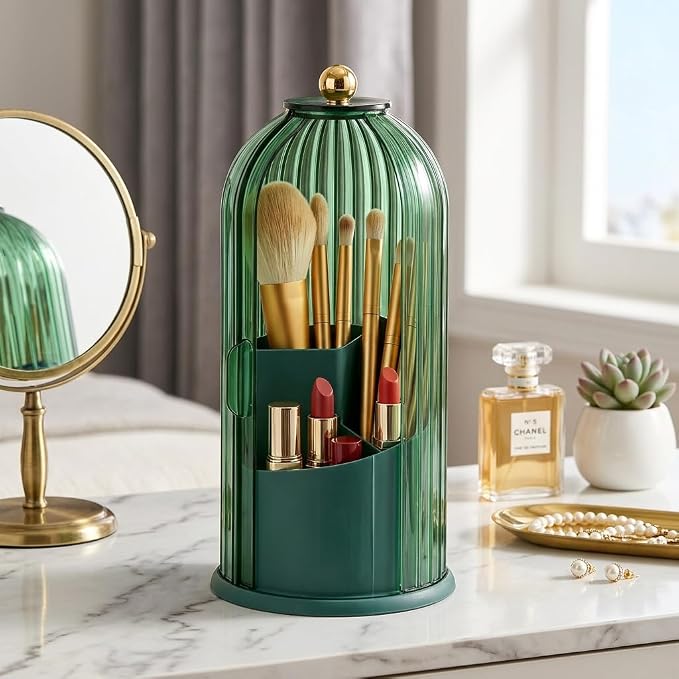 Makeup Brush Holder with Lid 360° Rotating 3-Compartment Makeup Organizers by Unknown