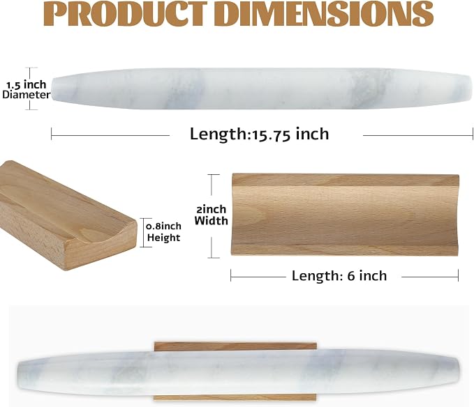 Koville African Natural Marble French Rolling Pin, 16inch Non-Stick Rolling Pin - Image 3