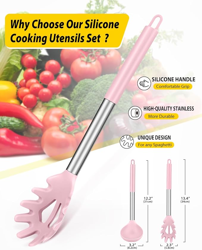 Silicone Pasta Fork and Ladle Spoon Set, Large Non Stick Kitchen Utensils - Image 2