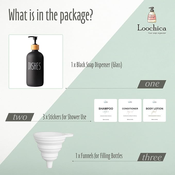 LOOCHICA Black Glass Kitchen Soap Dispenser, Detergent Dispenser or Dish Soap - Image 2