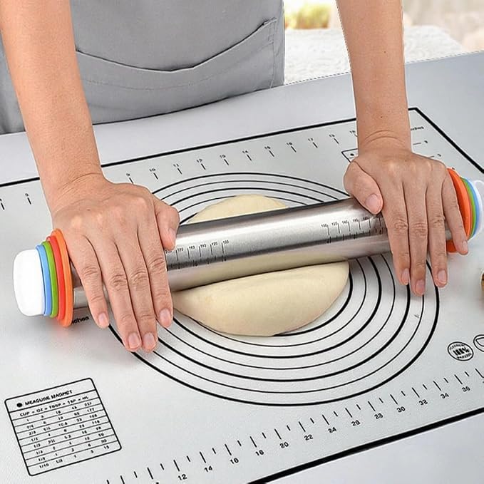 Rolling Pin with Adjustable Thickness Rings and Silicone Baking Pastry Mat Set - Image 6