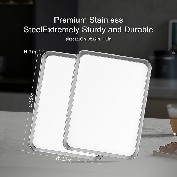 Stainless Steel Baking Sheet Set of 2-16" x 12" x 1" Heavy Duty Cookie Sheets - Image 3