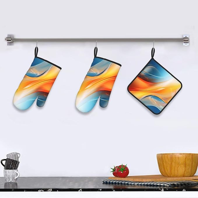 Burnt Orange Blue Abstract Fluid Oven Mitts and Pot Holders Sets of 3, Heat - Image 2