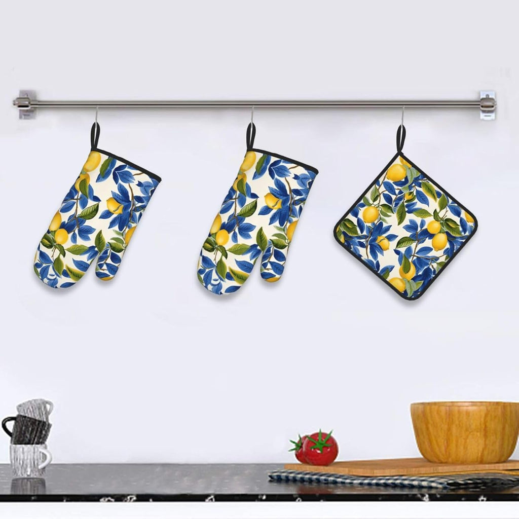 Blue and Yellow Lemon Oven Mitts and Pot Holders Sets of 3 Heat