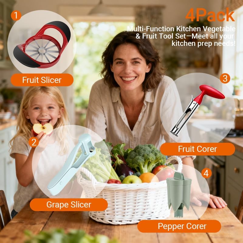 4PCS Kitchen Tool Set - Stainless Steel Fruit Slicer and Corer, Easy