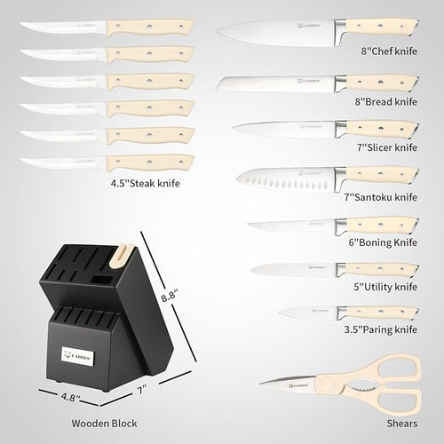 16 Pieces German Steel Knife Block Set, Extra-Long Creamy White Handles - Image 2