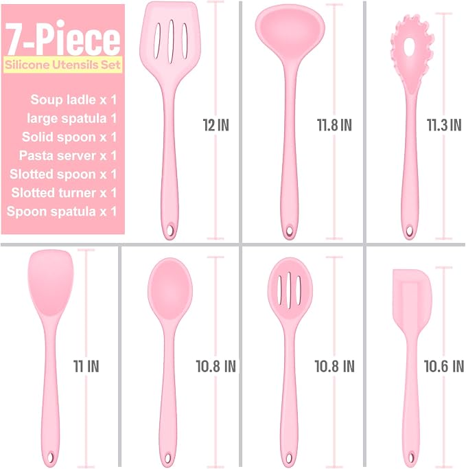 E-far Silicone Cooking Utensils Set, 7-Piece Pink Heat Resistant Kitchen - Image 2