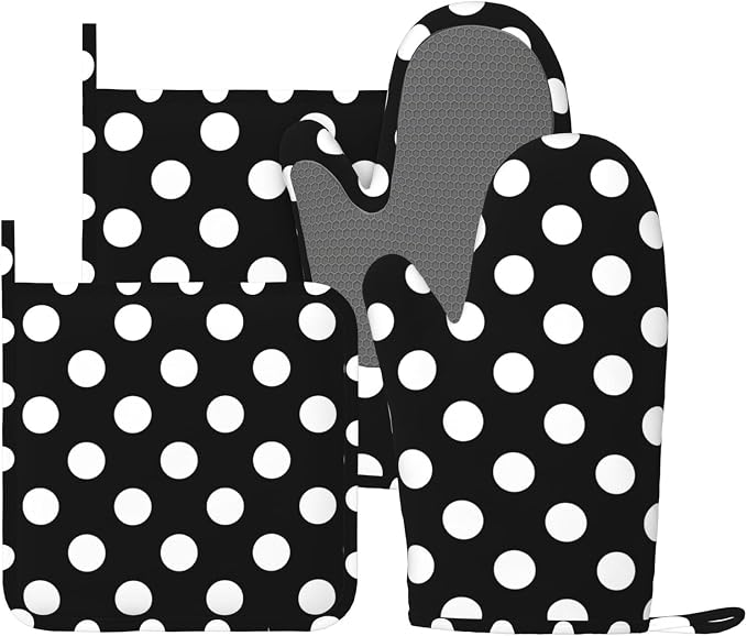 Black White Retro Polka Dot Oven Mitts and Pot Holders Sets of 4, Heat by Echoserein
