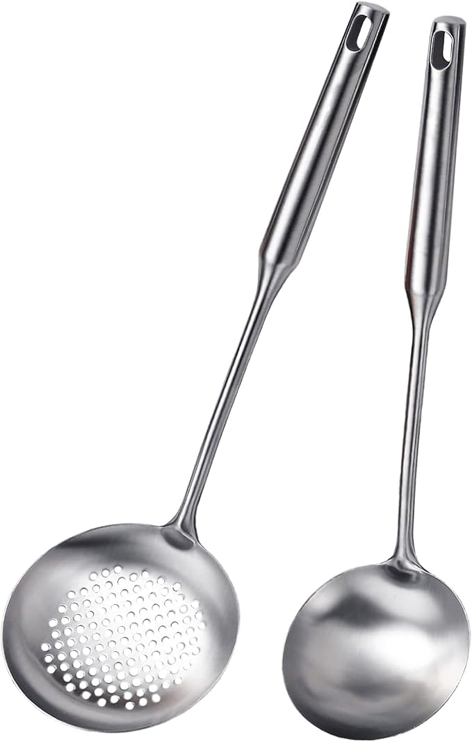 Soup Ladle and Slotted Spoon Set of 2, Metal 316 Stainless Steel Kitchen Ladles by EJOEXQU