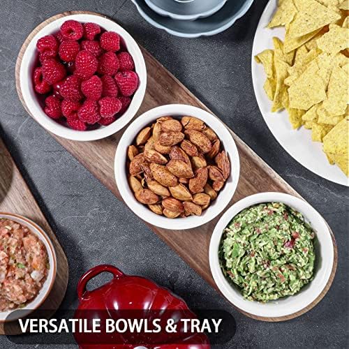 Artena 12 oz Solid Ceramic Chip and Dip Serving Set with Acacia Wooden Tray, 5-inch White Dipping Bowls, Small Serving Bowls for Side Dishes, Salsa, Appetizer, Serving Dishes for Entertaining