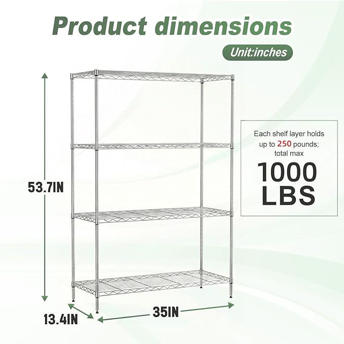 BestOffice 4-Tier Wire Shelving Unit, 1000 LBS Heavy Duty Metal Storage Shelves - Image 3