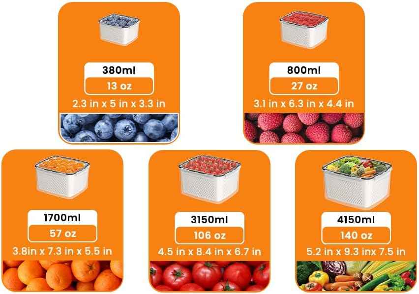 Fruit Storage Containers for Fridge, 5-Piece Set with Drain Basket