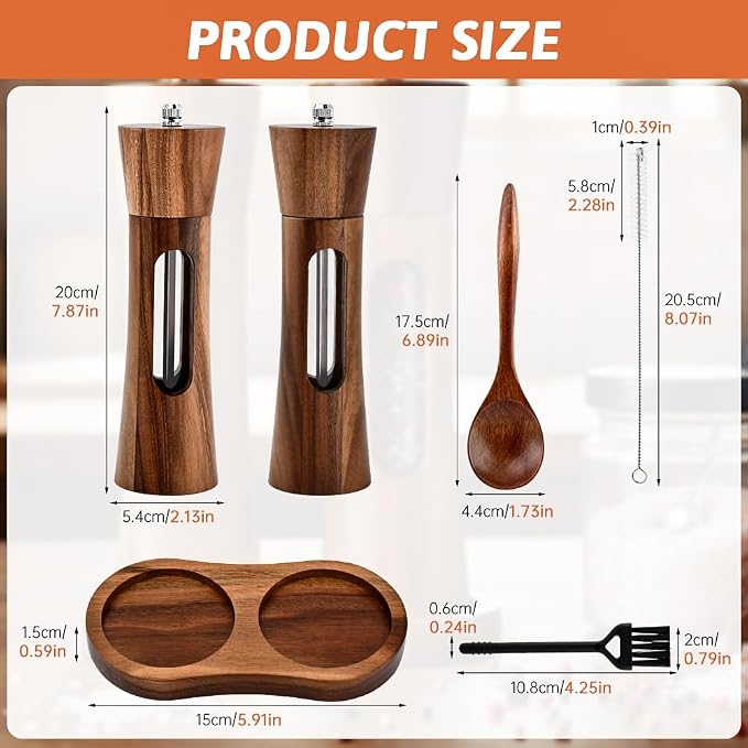 2Pack Wooden Salt and Pepper Grinder Set, 8-Inch Refillable Manual Salt and - Image 3
