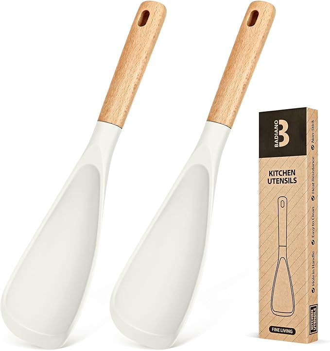 Cooking Spoon for Nonstick Cookwares, Wood Handle Spoon for Mixing, and Scrape by BADIANO